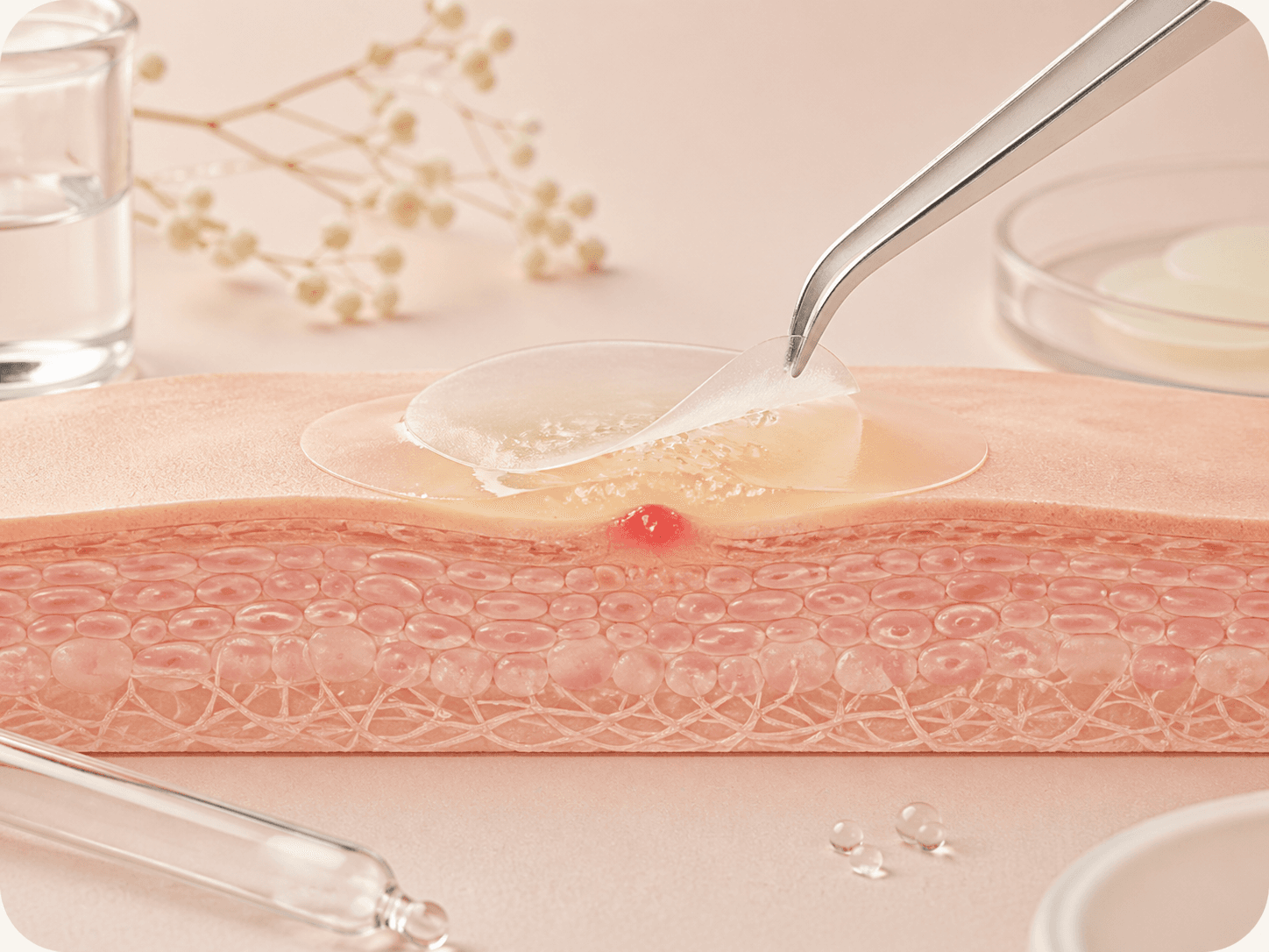 A handwritten ingredient checklist surrounded by petri dishes, a serum dropper, pink Himalayan salt, and a sheet of hydrocolloid patches on a soft beige surface