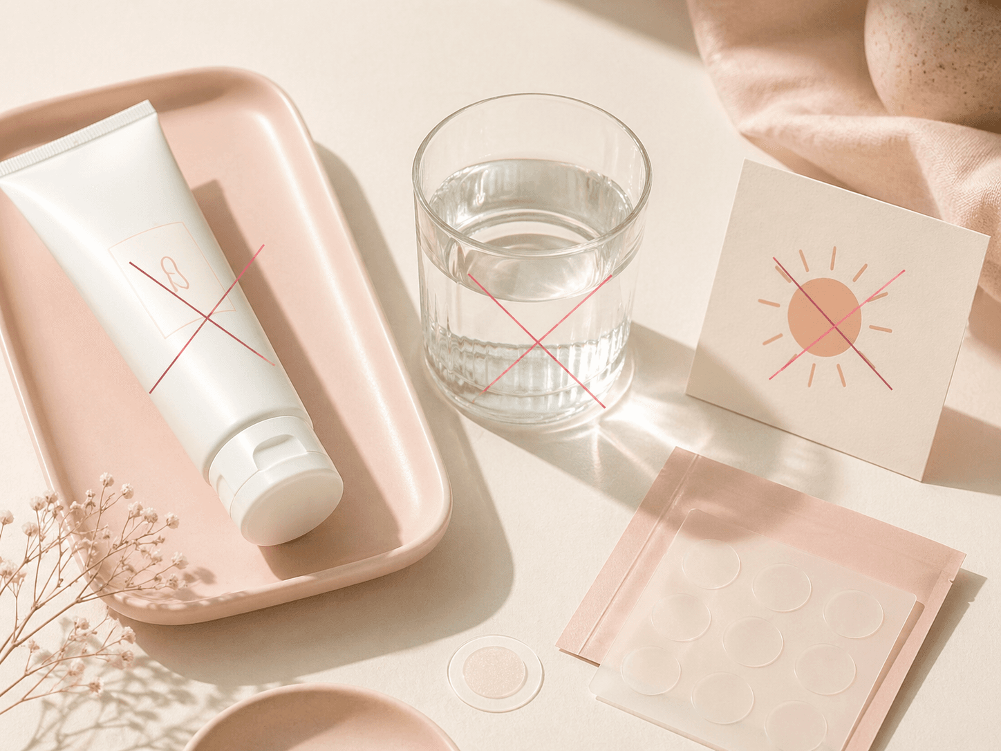 A toothpaste tube, a glass of water, and a sun illustration each crossed out with a pink X next to a sheet of hydrocolloid patches — a visual rebuttal of common skincare myths